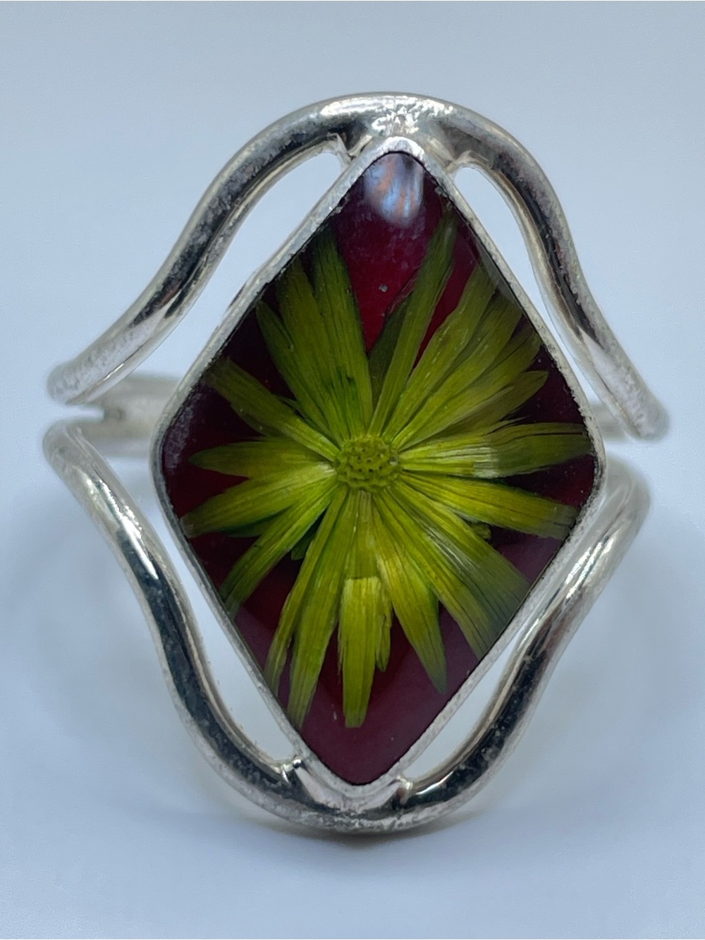 Silver Tone Dried Green Flower Resin Statement Ring Botanical Boho Floral